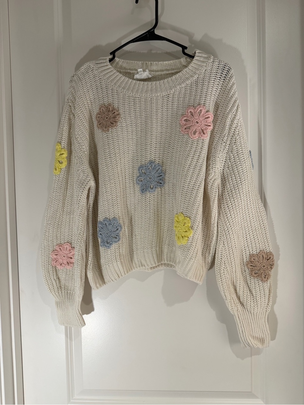 Cream Crewneck Sweater with Multicolor Floral Appliqués